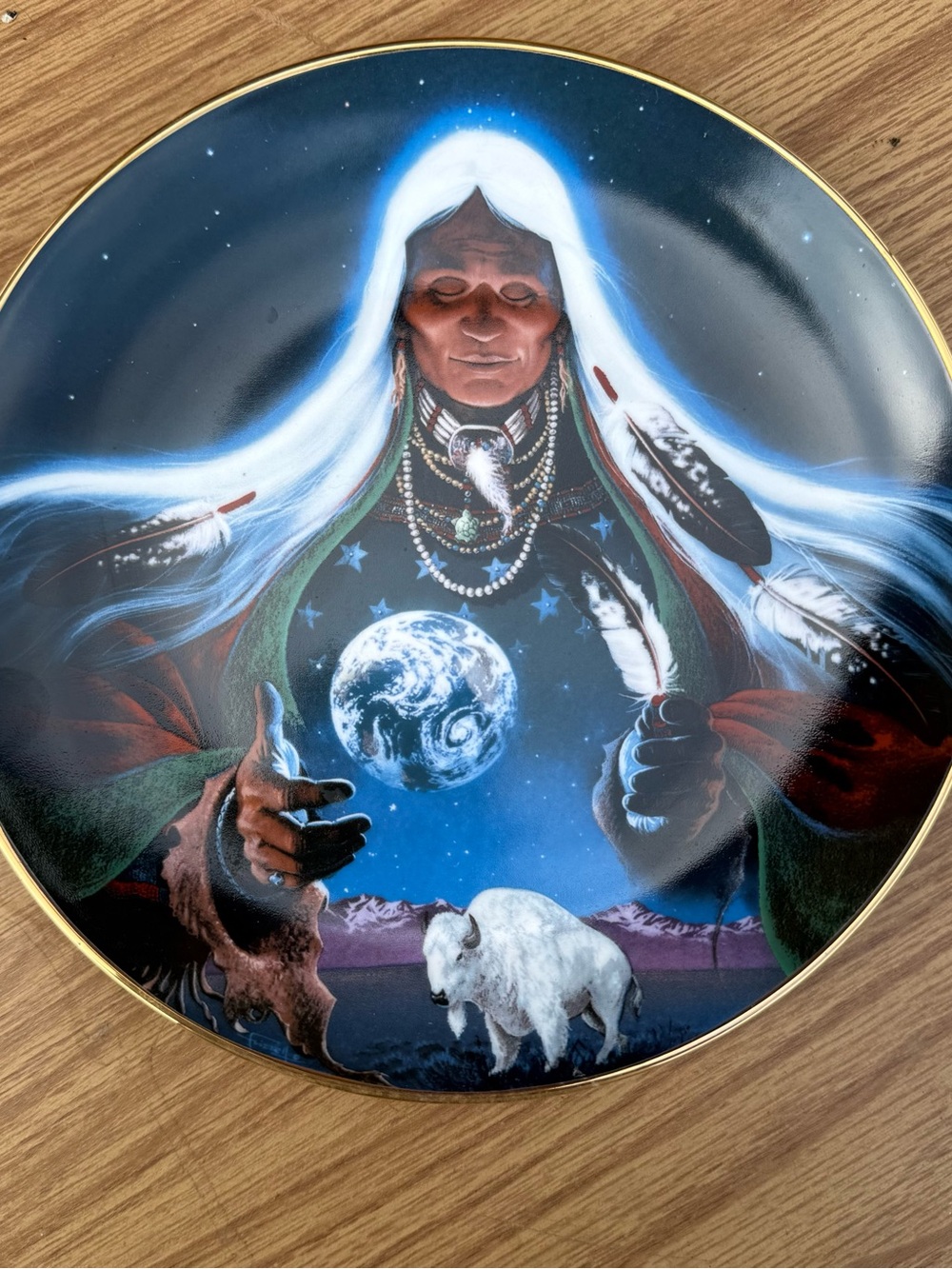 Celestial Native Spirit Decorative Plate in Blue, White and Red Accents